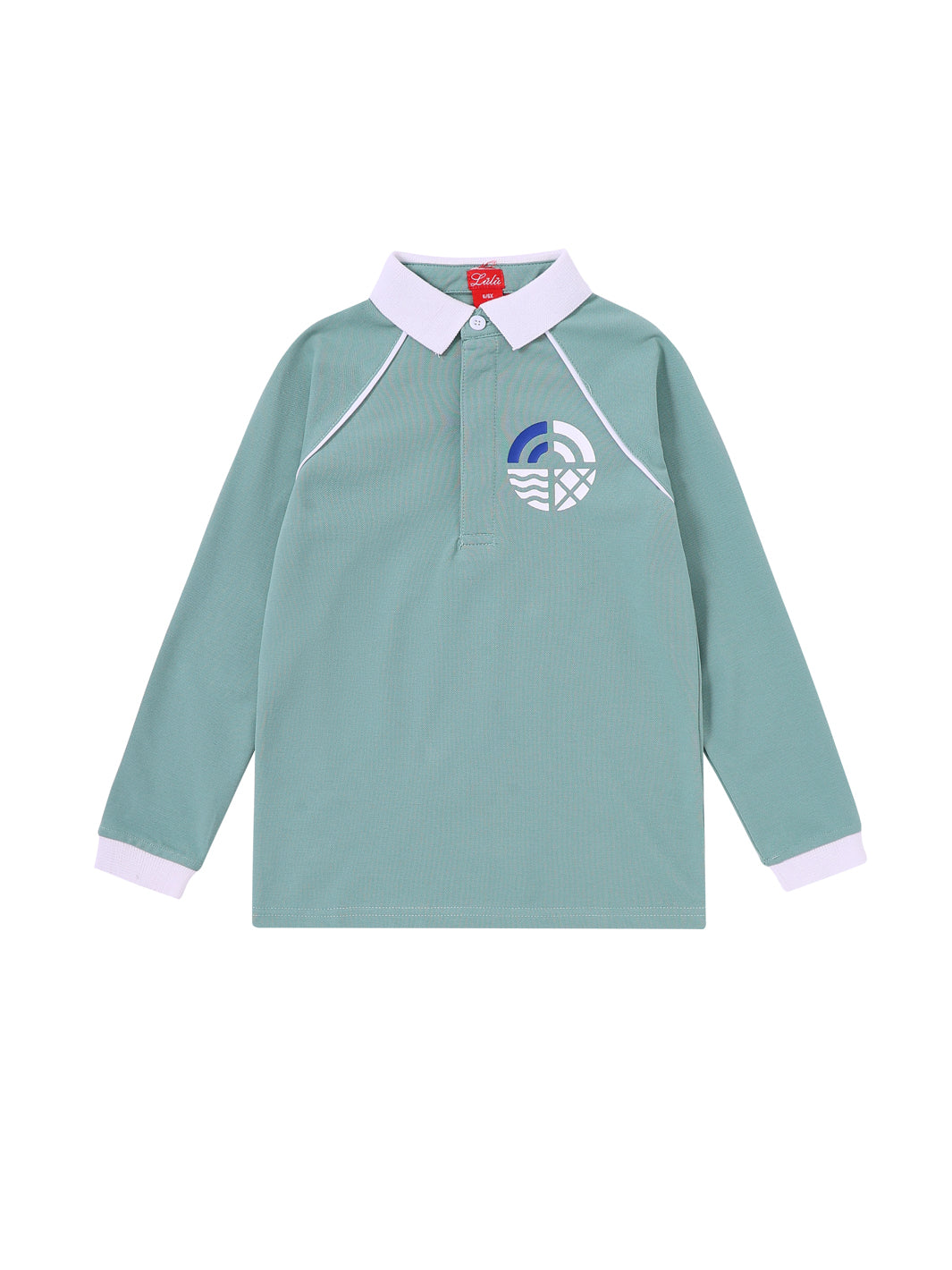 Side Print Long Sleeve Polo - Seafoam/White