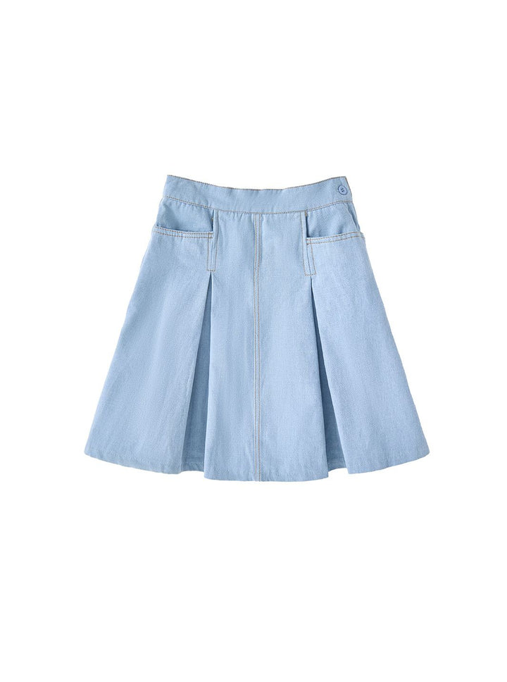 Denim Box Pleat Skirt - Pale Blue