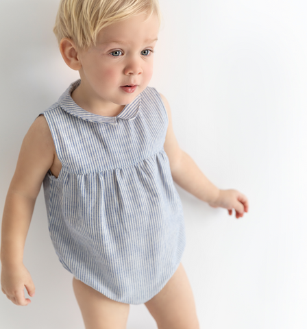 Baby Linen Striped Collar Romper - Blue
