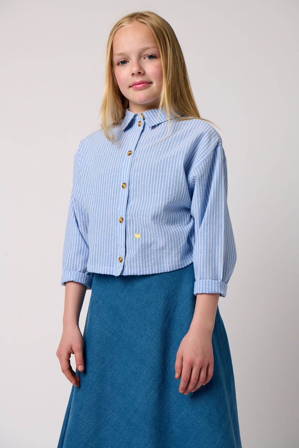 Embroidery Crop Length Shirt - Blue Stripe